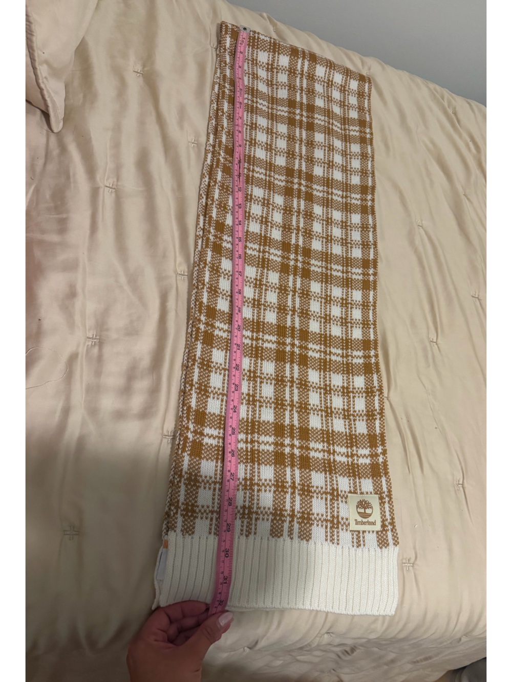 Timberland Plaid Knit Scarf Tan White Neutral OS NWOT - Picture 9 of 11